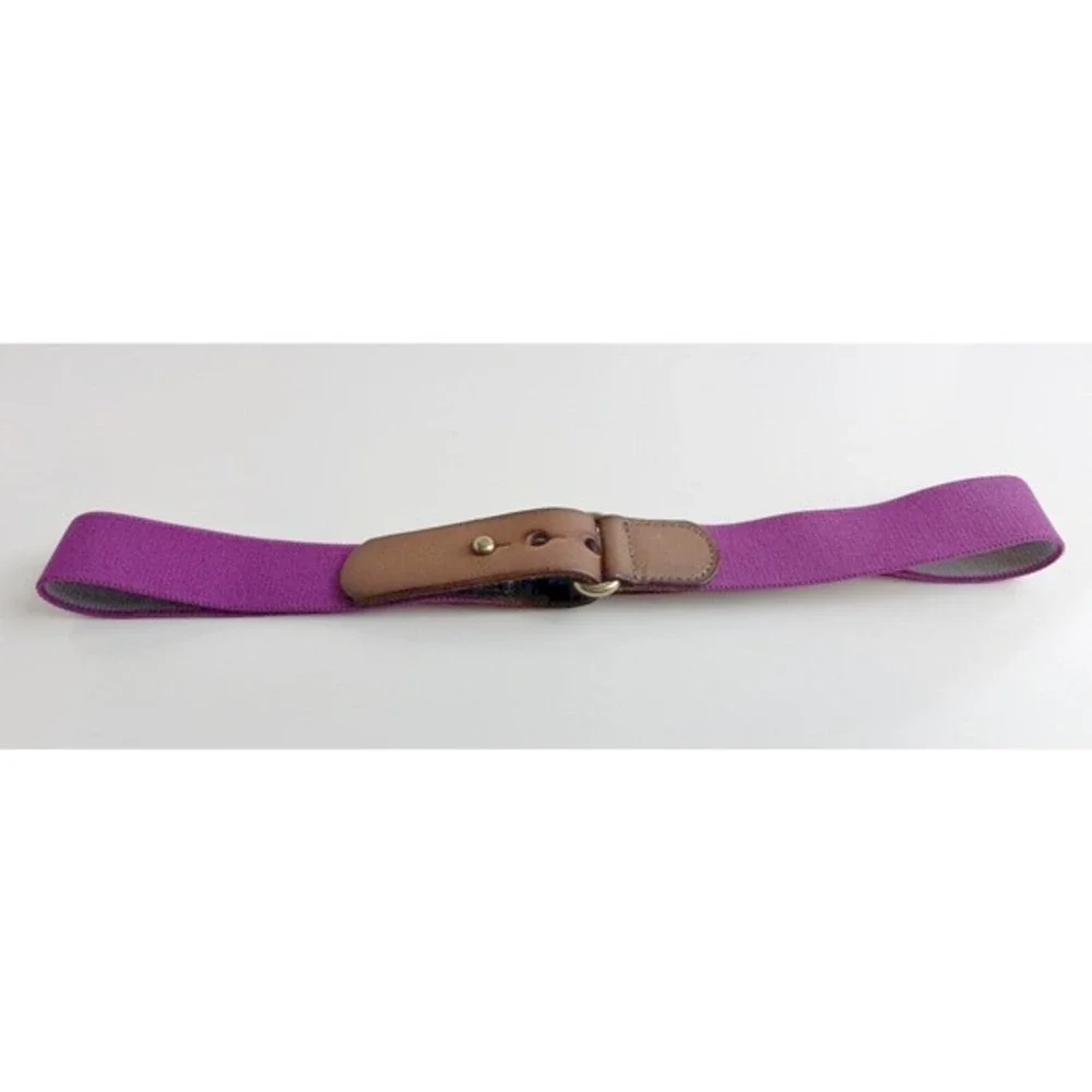 Loft Purple Elastic Cinch Belt Tan Leather Metal Stud Closure Vintage Chic 47-36